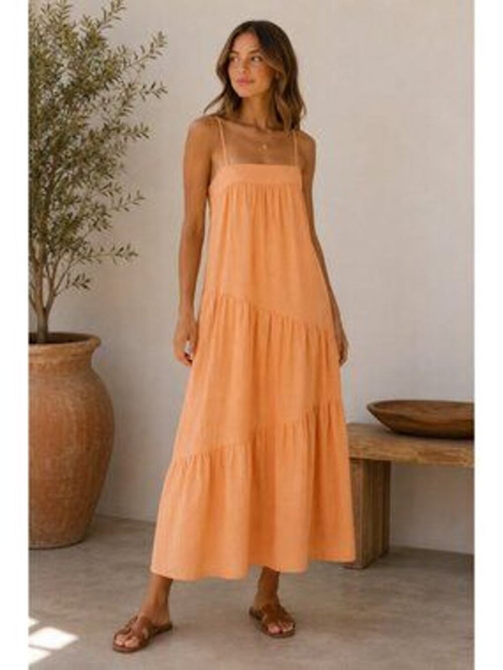 Abercrombie and Fitch Women's Linen Blend Orange Maxi Dress Tiered Boho Small